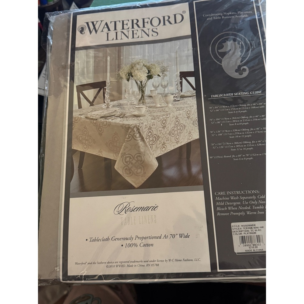 Waterford Linens Rosemarie Platinum Round Tablecloth 90"‎ Seats 6-8 New